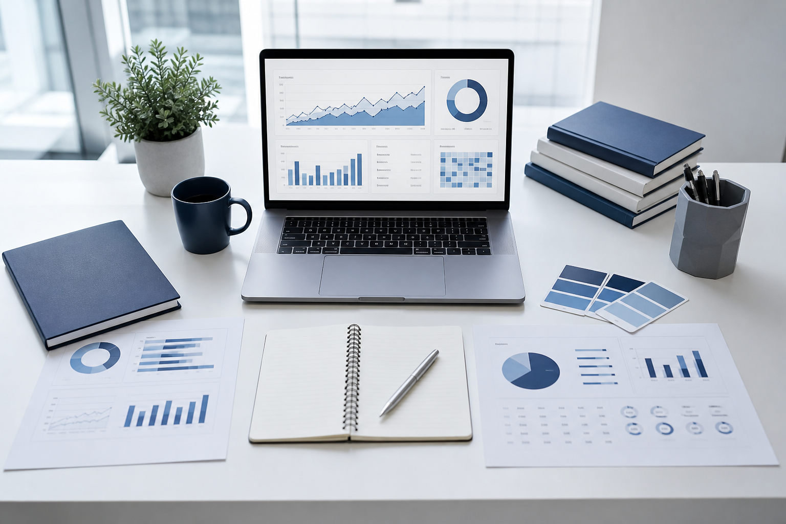 データをもとに戦略を検討するデスク